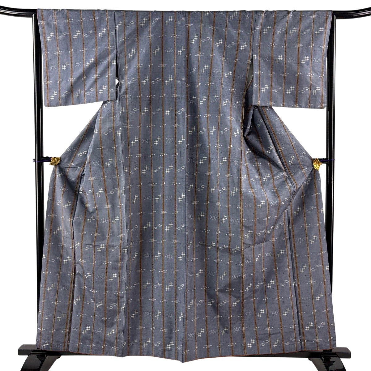 紬 身丈160cm 裄丈64cm M 袷 燕 井桁絣 青灰色 正絹 優品｜中古・古着