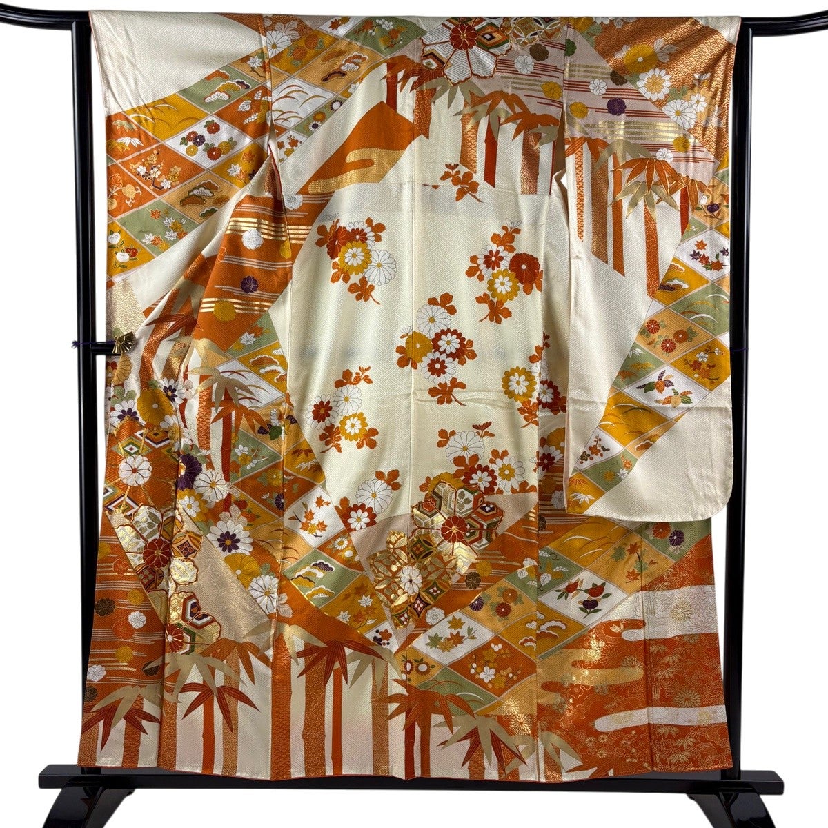振袖 身丈156cm 裄丈63.5cm S 袷 松竹梅 菊 金糸 金彩 薄黄 正絹 優品