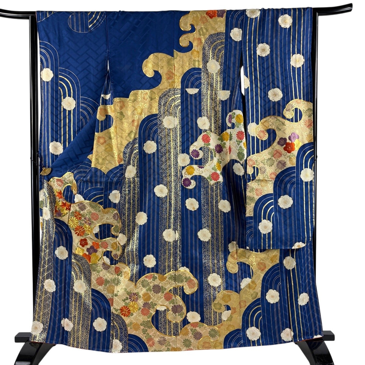 振袖 身丈163cm 裄丈64.5cm M 袷 菊 波頭 金糸 刺繍 青 正絹 秀品