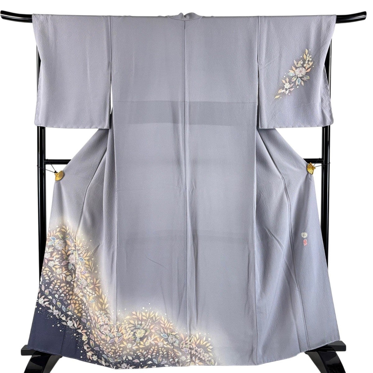 訪問着 身丈162.5cm 裄丈67.5cm L 袷 扇 桜 金糸 金彩 ピンクベージュ