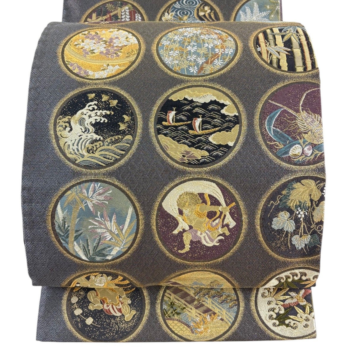 袋帯 逸品 蒔絵風神雷神図 波頭 金銀糸 箔 灰紫 六通 正絹｜中古・古着