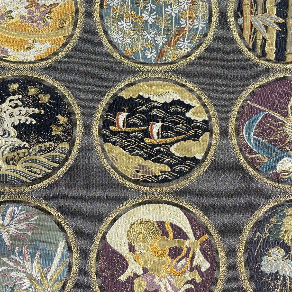 袋帯 逸品 蒔絵風神雷神図 波頭 金銀糸 箔 灰紫 六通 正絹｜中古・古着