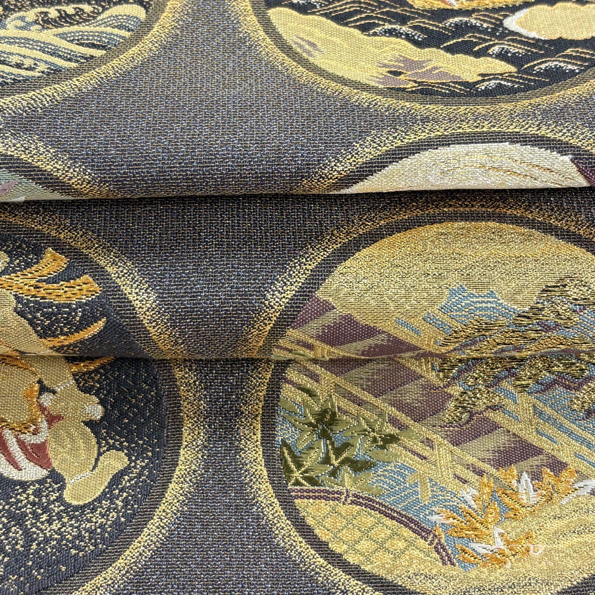 袋帯 逸品 蒔絵風神雷神図 波頭 金銀糸 箔 灰紫 六通 正絹｜中古・古着