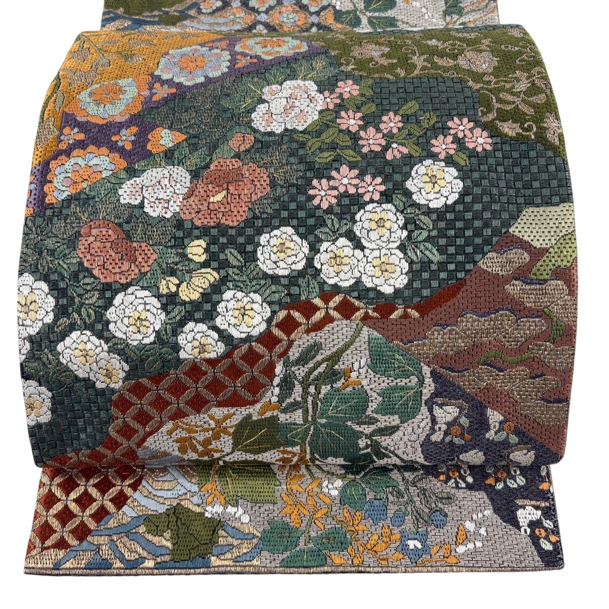 美品】 袋帯 逸品 草花 七宝 金銀糸 絽刺し 灰緑 全通 正絹｜中古