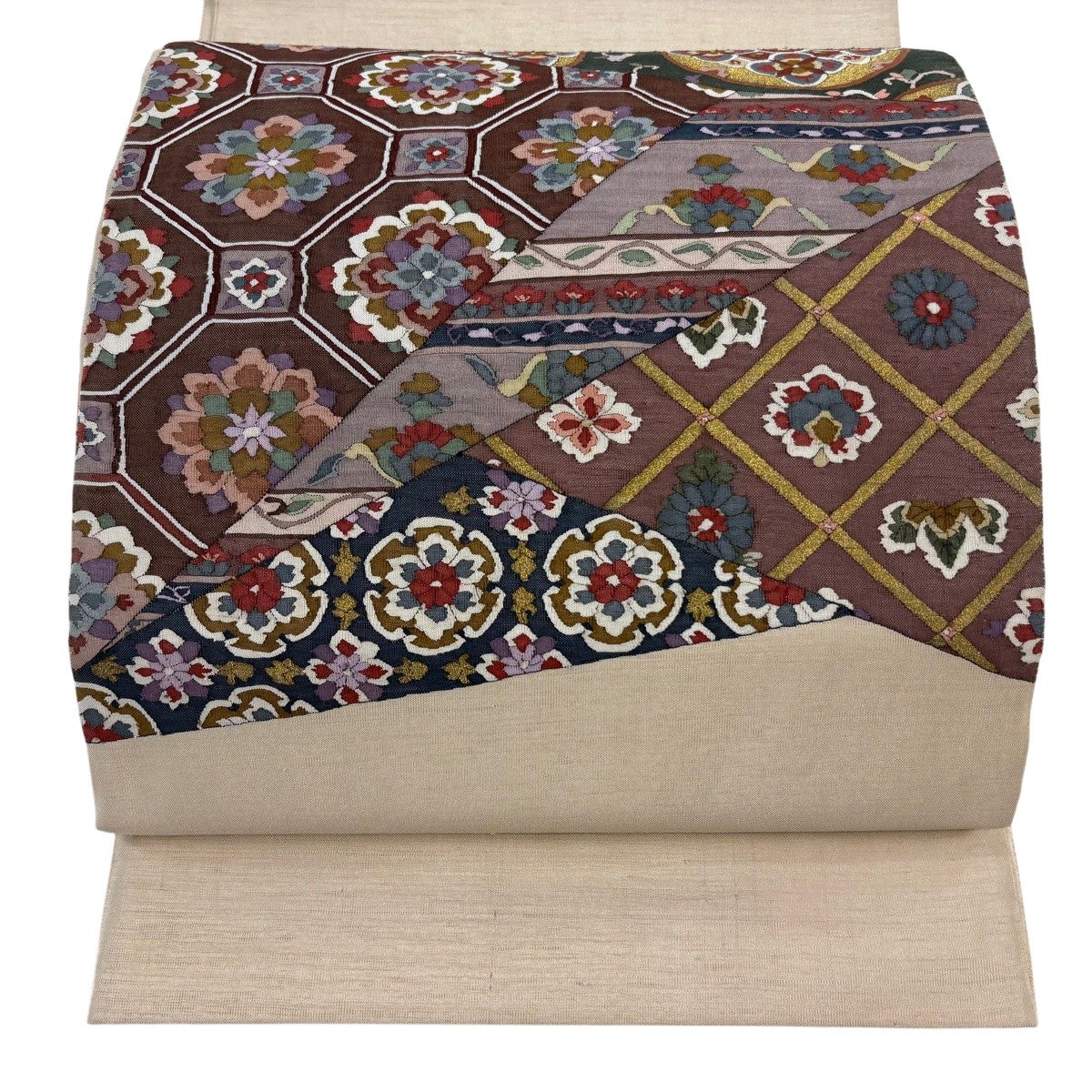 美品】 袋帯 逸品 蜀江華文 草花 金糸 ベージュ お太鼓柄 正絹｜中古
