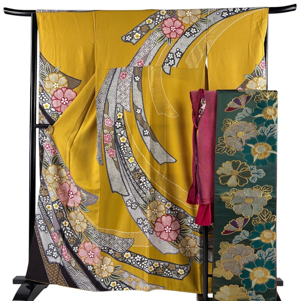 美品】 振袖 身丈161.5cm 裄丈64.5cm M 袷 袋帯フルセット 桜 熨斗