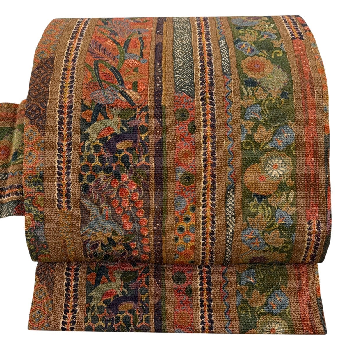 美品】 名古屋帯 逸品 山岡古都 草花 縞 茶色 正絹｜中古・古着