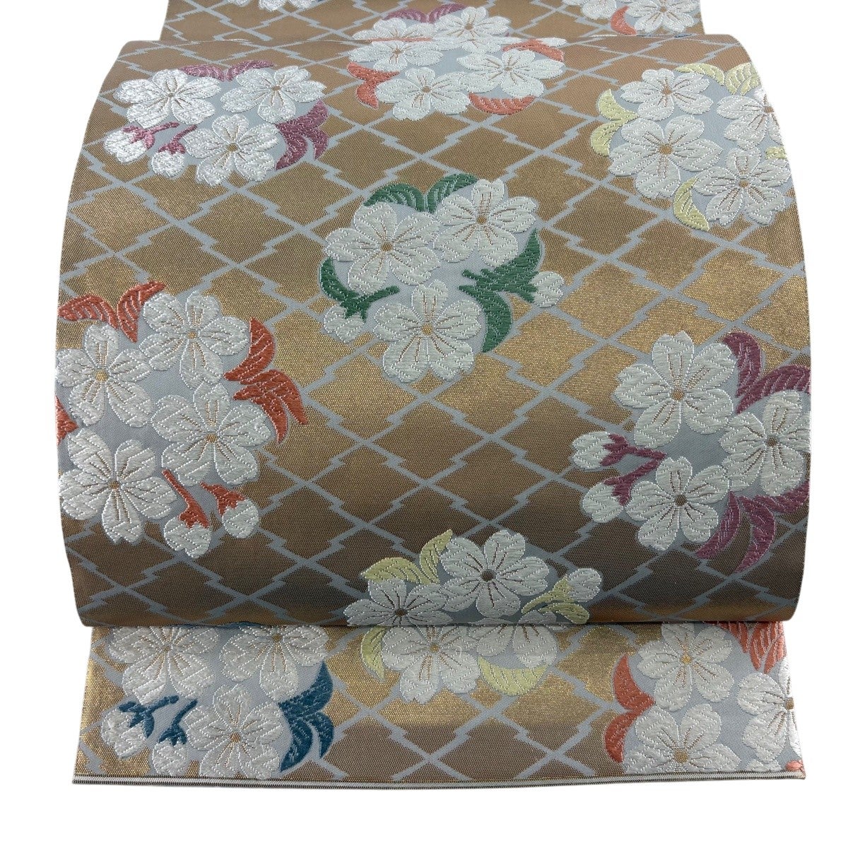美品】 袋帯 逸品 落款あり 山口成三郎 松皮山桜文 唐織 箔 金色 六通