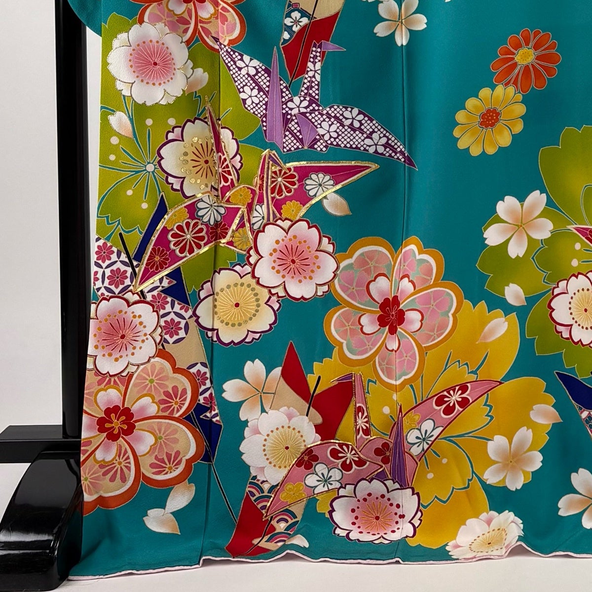 振袖 身丈175cm 裄丈72cm L 袷 折鶴 桜 金糸 金彩 青緑 正絹 名品