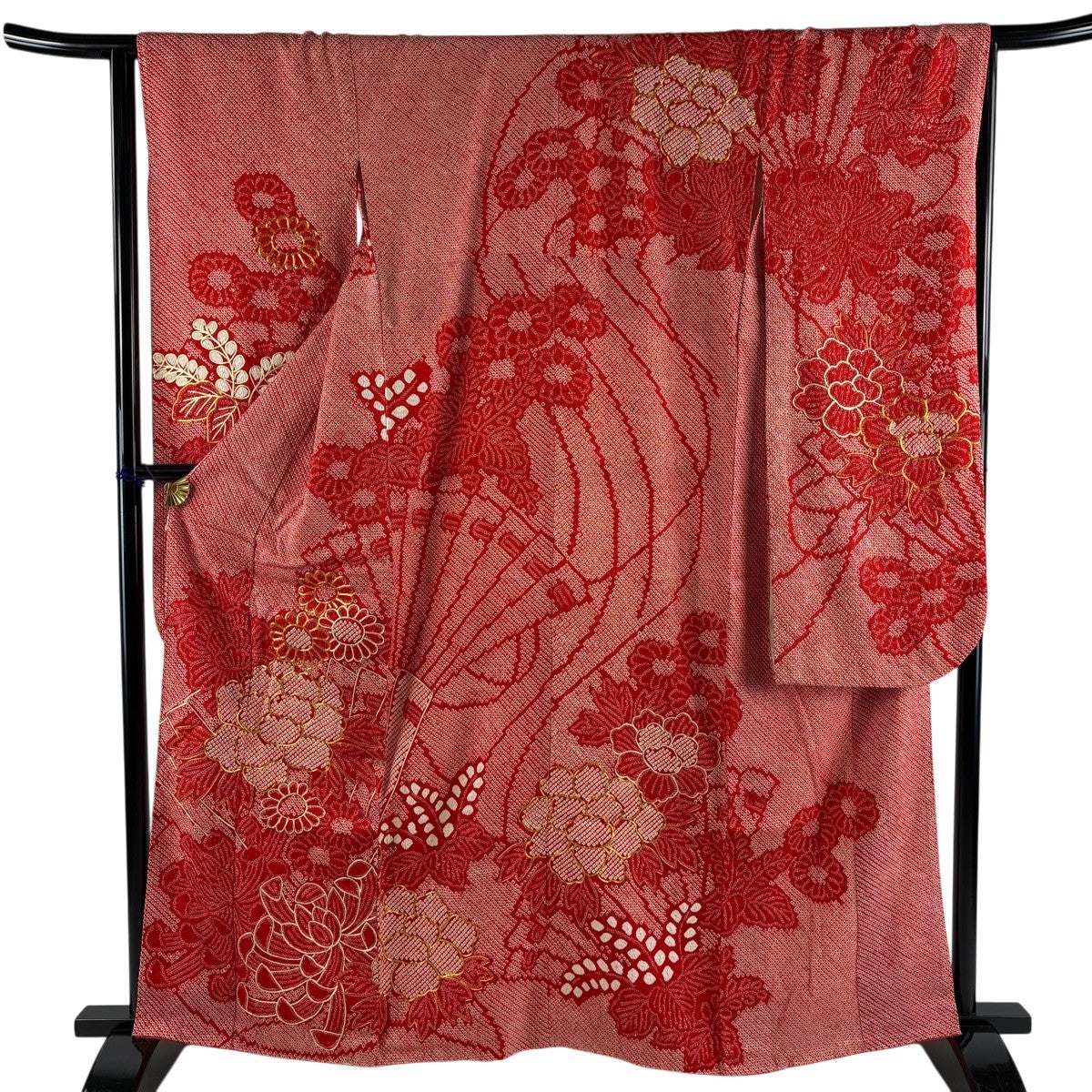 振袖 身丈161.5cm 裄丈65cm M 袷 牡丹 菊 金糸 総絞り 赤 正絹 名品