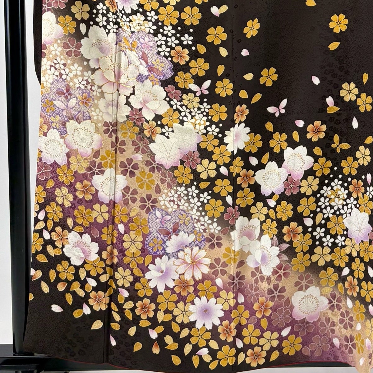 振袖 身丈161cm 裄丈67cm M 袷 鈴乃屋 桜 蝶 金糸 金彩 焦茶色 正絹