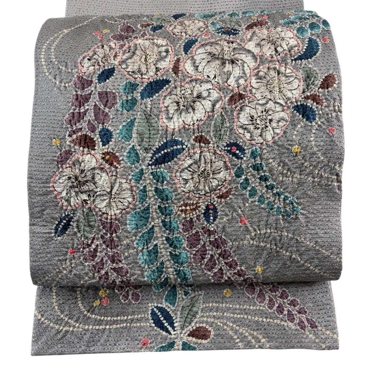 袋帯 秀品 華文 相良刺繍 箔 灰白 お太鼓柄 正絹｜中古・古着