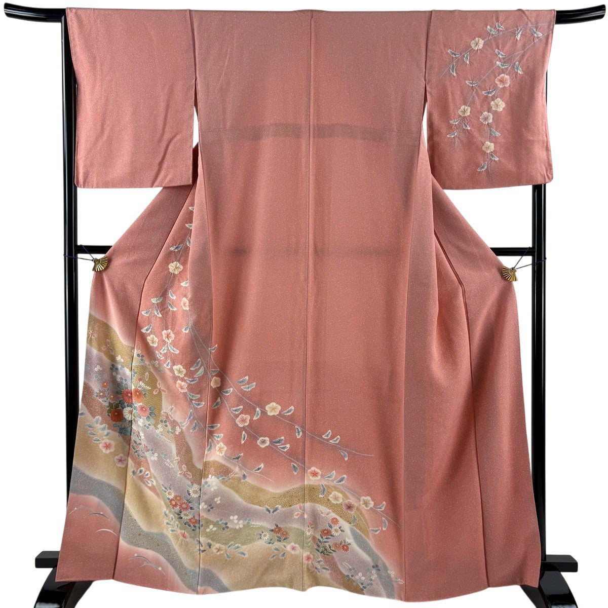 D516 訪問着　枝垂れ桜　鼓　金彩　正絹　着物　袷　未使用極美品 訪問着 身丈165.5cm 裄丈67cm M 袷 菊 枝垂れ桜 金彩 ぼかし サーモン