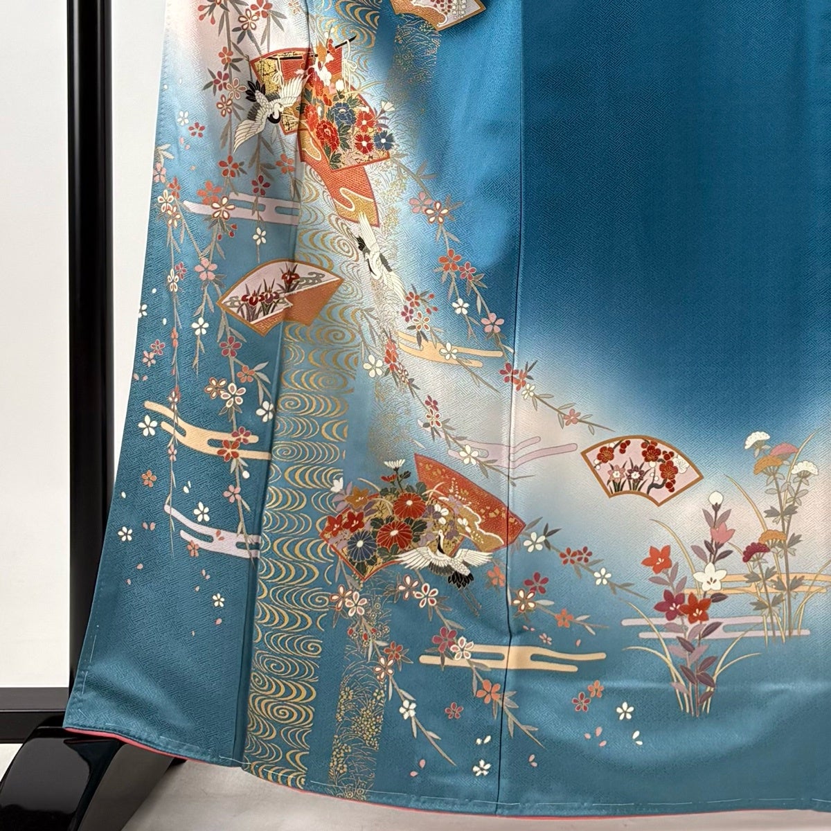 訪問着 身丈164.5cm 裄丈65cm M 袷 扇面 鶴 金彩 ぼかし 青緑 正絹 秀