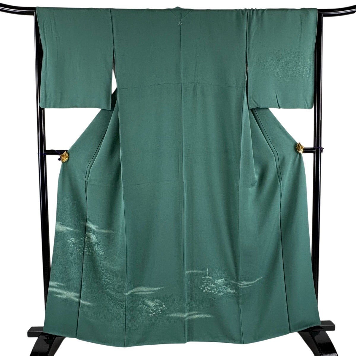 美品】 付下げ 身丈163cm 裄丈65cm M 袷 紬地 霞 灰緑 正絹 秀品｜中古