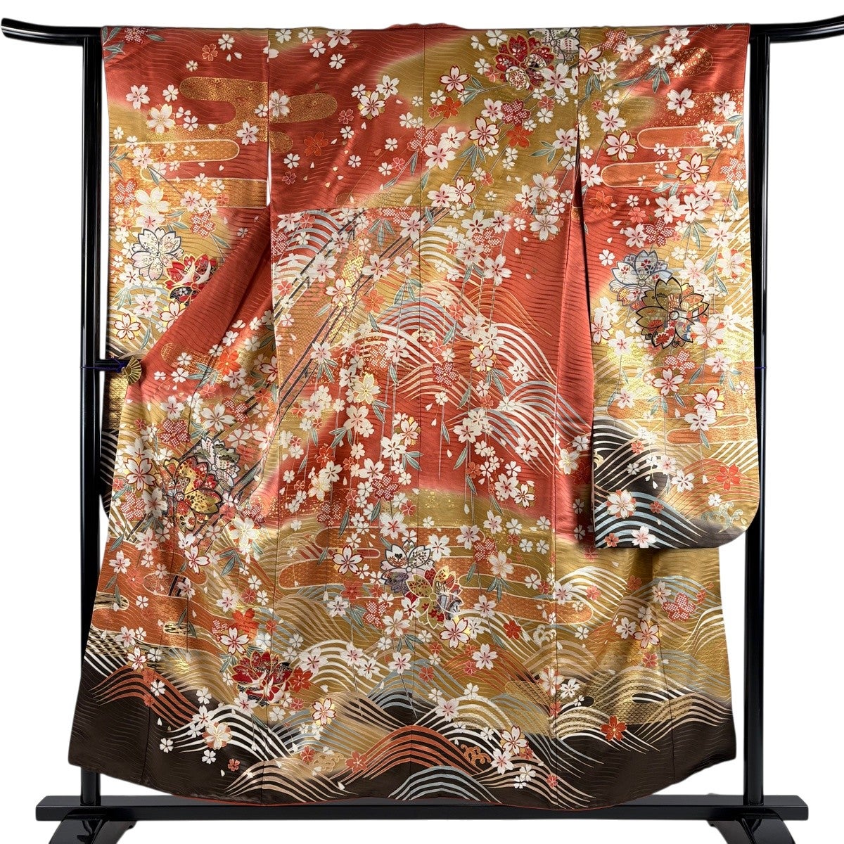 美品】 振袖 身丈156cm 裄丈62.5cm S 袷 御所車 桜 金彩 ぼかし 朱色