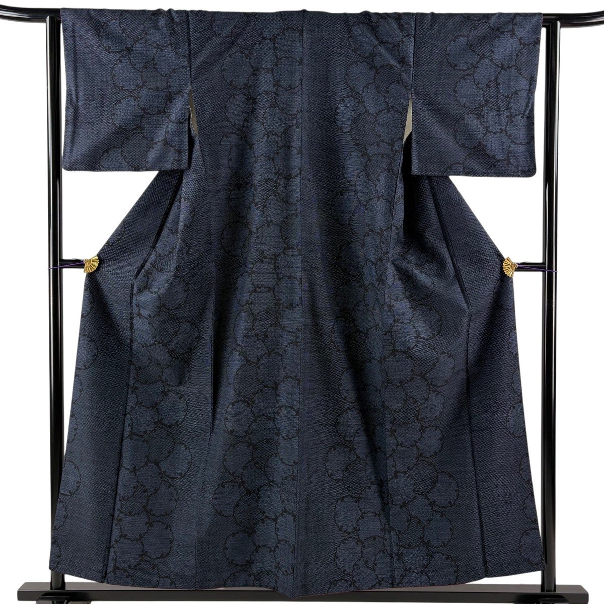 紬 身丈161.5cm 裄丈67cm M 単衣 草花 亀甲絣 濃紺 正絹 逸品｜中古