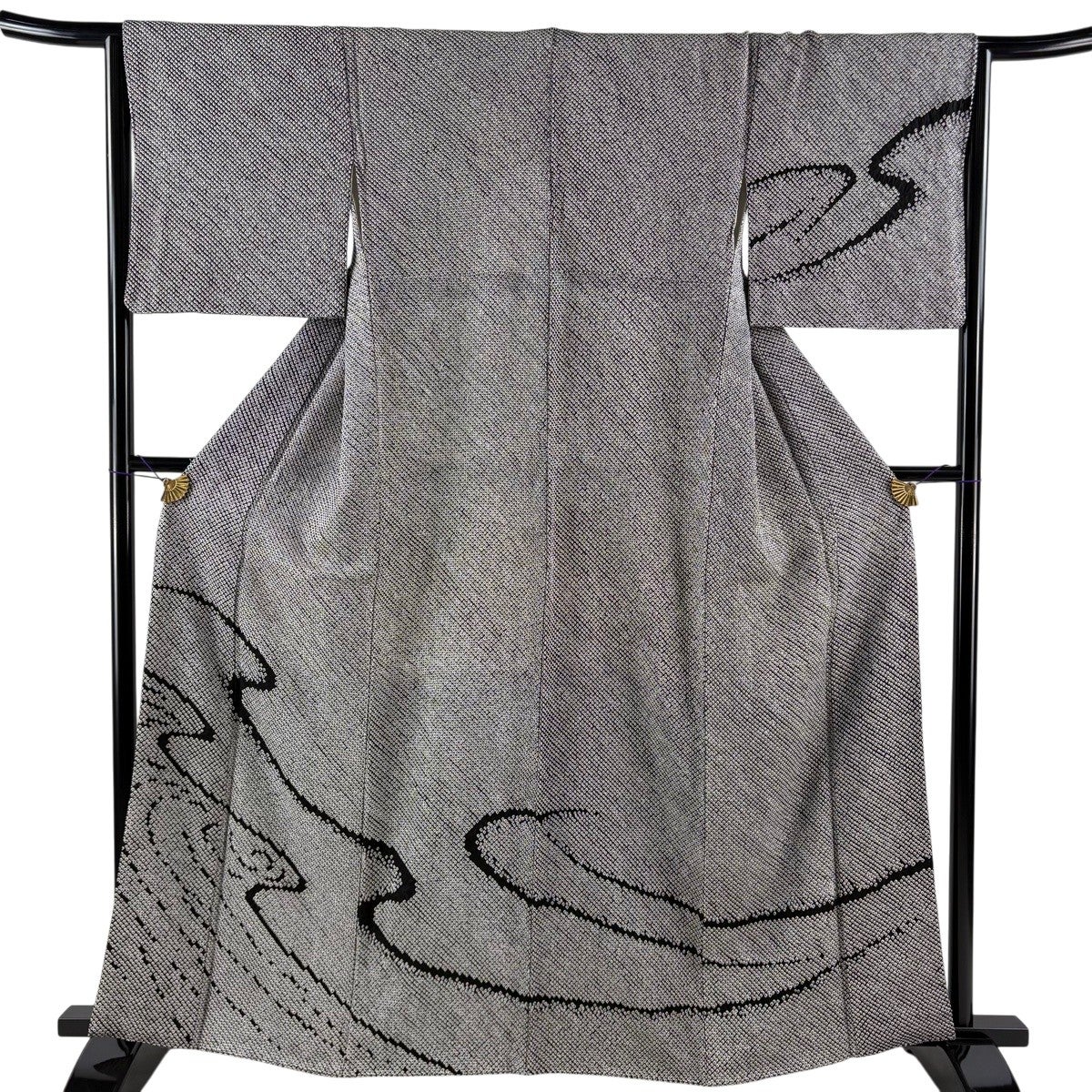 訪問着 身丈159cm 裄丈64cm M 袷 熨斗 鶴 金糸 金彩 黒灰 正絹 秀品