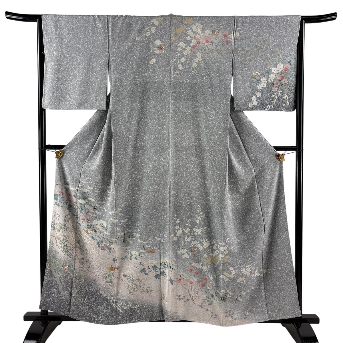訪問着 身丈159cm 裄丈66cm M 袷 バチ衿 椿 菊 染め分け ぼかし 灰紫