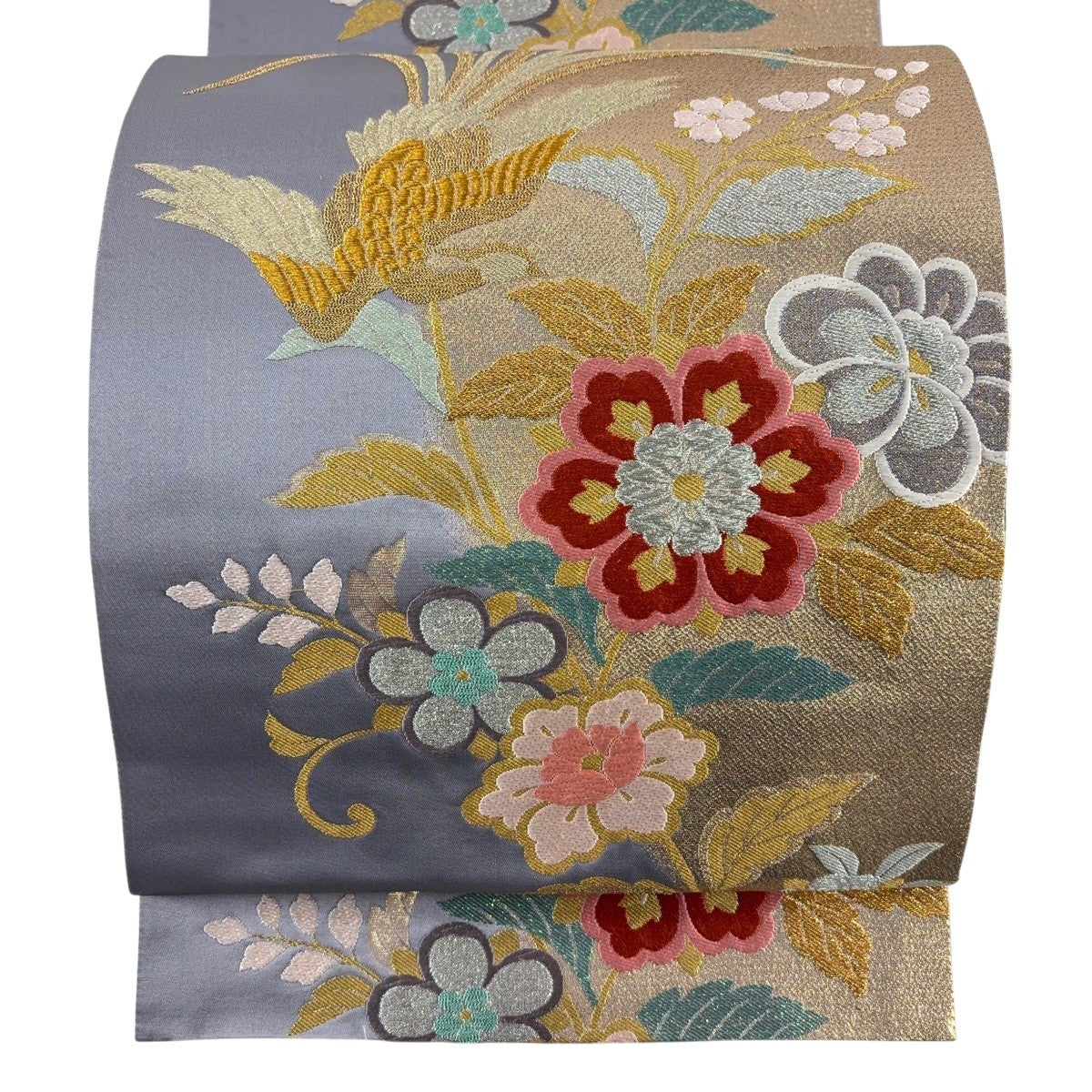 袋帯 秀品 草花 鳳凰 金銀糸 箔 灰紫 全通 正絹｜中古・古着