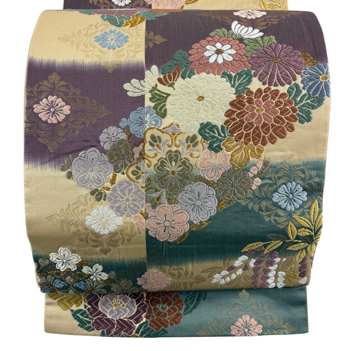 袋帯 逸品 蜀江華文 草花 金糸 汕頭刺繍 茶紫 全通 正絹｜中古・古着