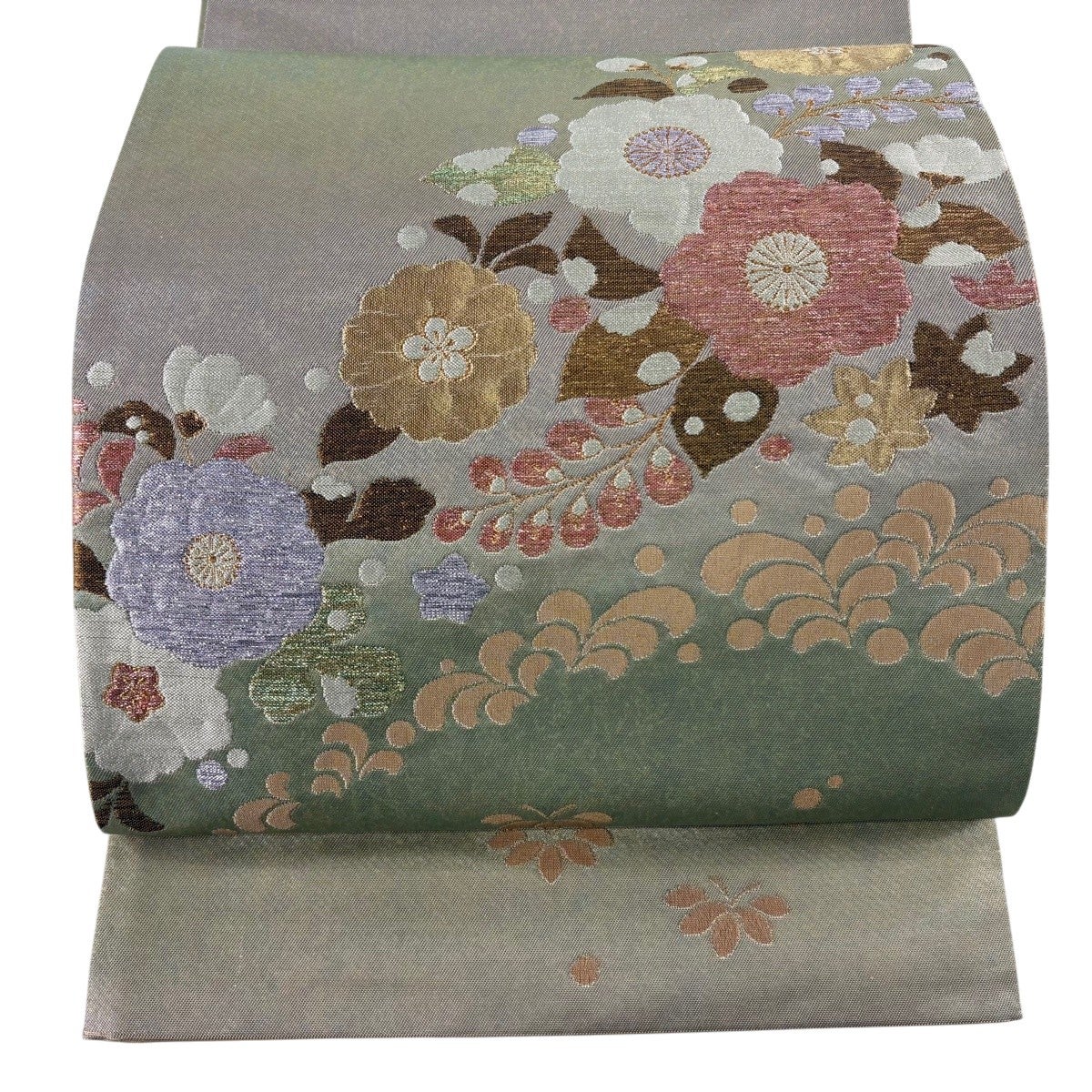 美品】 袋帯 秀品 縞 幾何学模様 金糸 藍色 お太鼓柄 正絹｜中古・古着