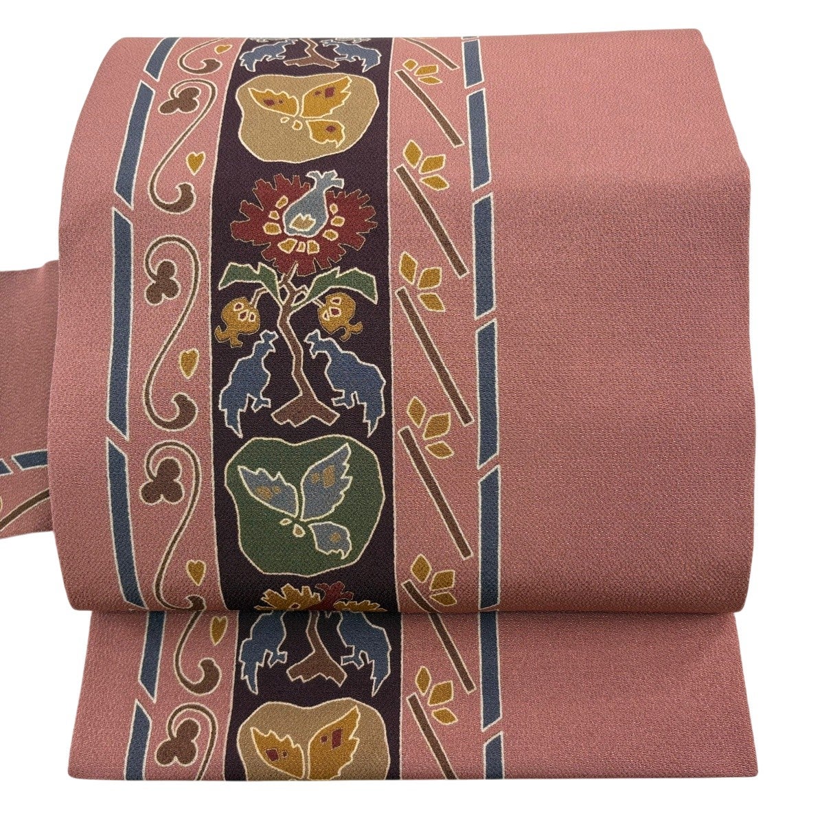薄小豆色　花唐草　正絹　名古屋帯　375 美品】 名古屋帯 秀品 向かい鳥 草花 薄小豆 正絹｜中古・古着