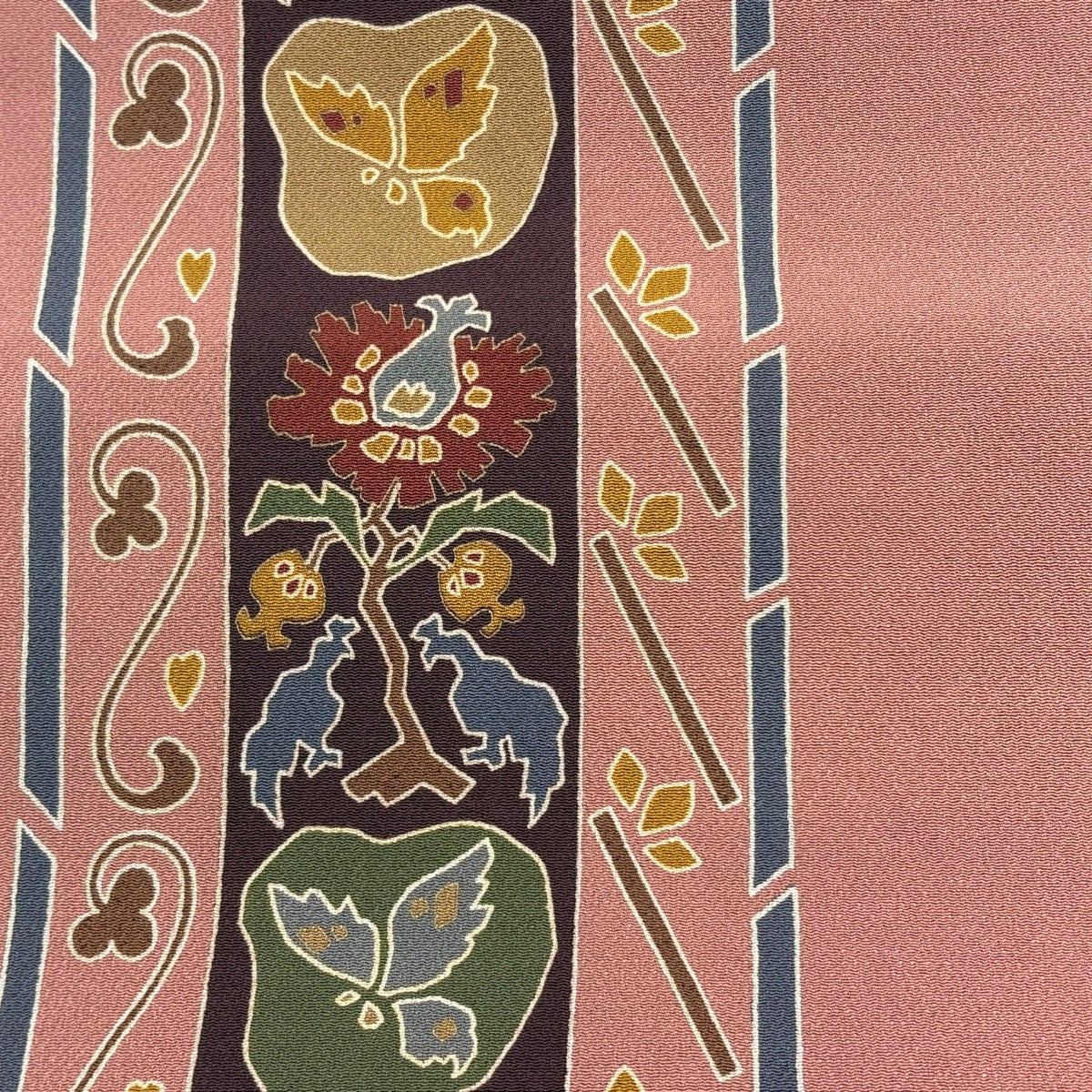 美品】 名古屋帯 秀品 向かい鳥 草花 薄小豆 正絹｜中古・古着