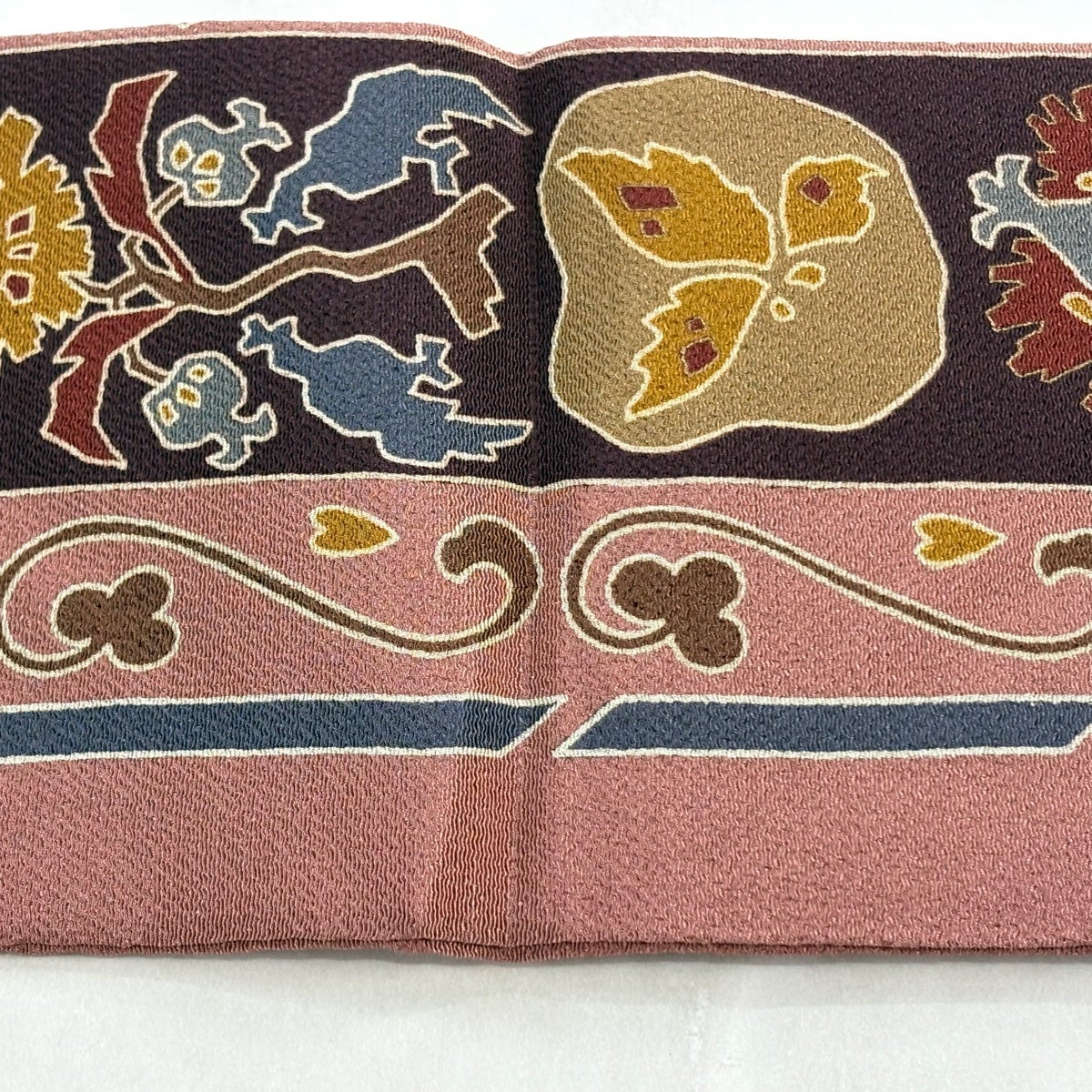 薄小豆色　花唐草　正絹　名古屋帯　375 美品】 名古屋帯 秀品 向かい鳥 草花 薄小豆 正絹｜中古・古着