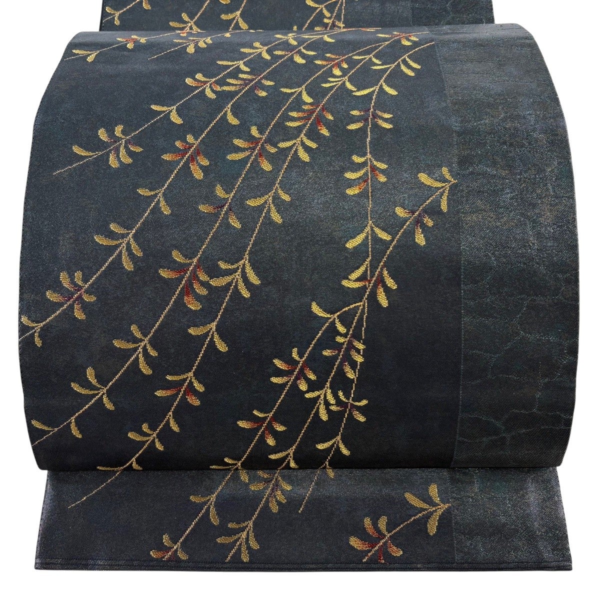 【美品】袋帯　花唐草　幻想的な箔地　キラキラ　黒金　六通 美品】 袋帯 秀品 草花 蝶 箔 金糸 深緑 六通 正絹｜中古・古着