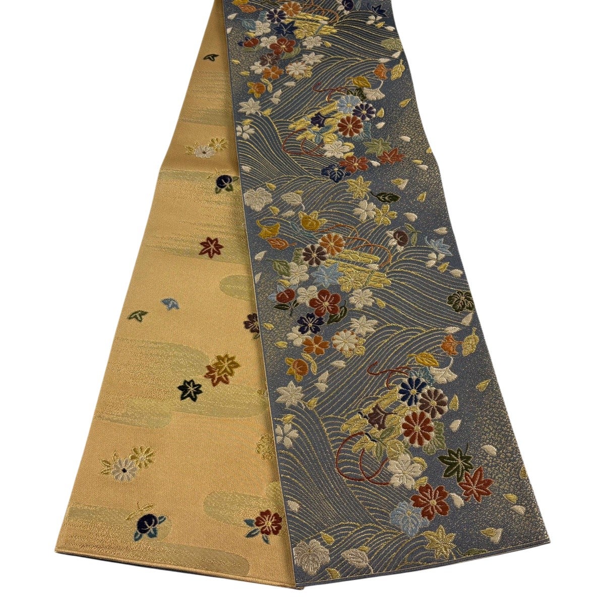 美品】半幅帯 秀品 花筏 波 金糸 箔 灰色 正絹｜中古・古着