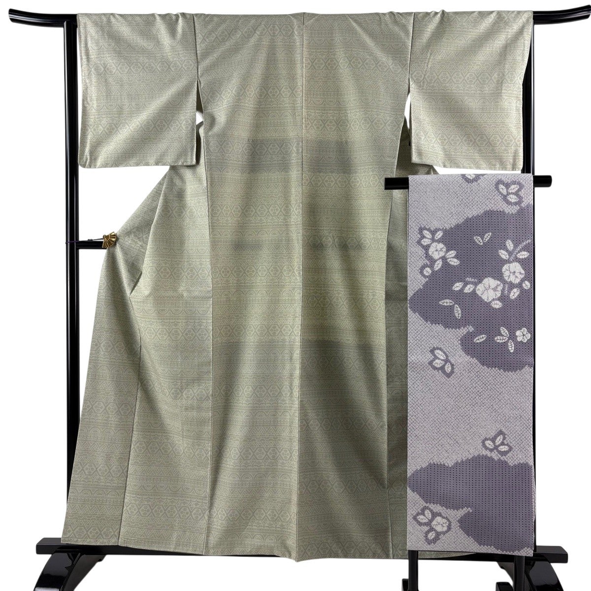 美品】 紬 身丈160cm 裄丈65.5cm M 袷 開き名古屋帯セット 横段 幾何学