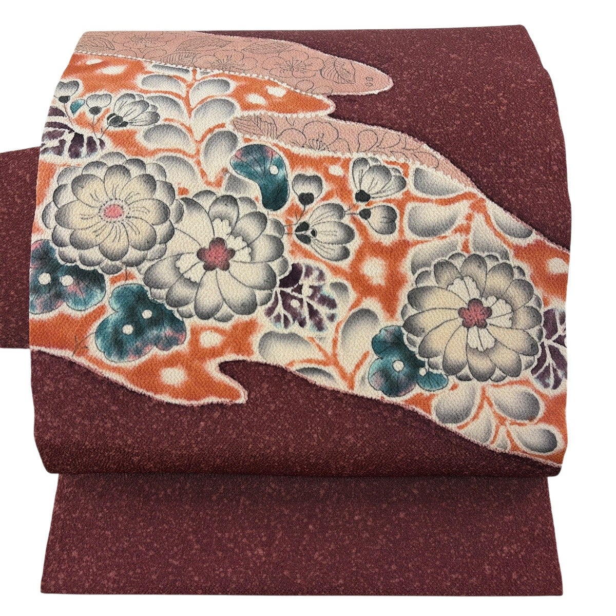 開き名古屋帯 逸品 落款あり 水野保 草花 金糸 絞り ピンク 正絹｜中古
