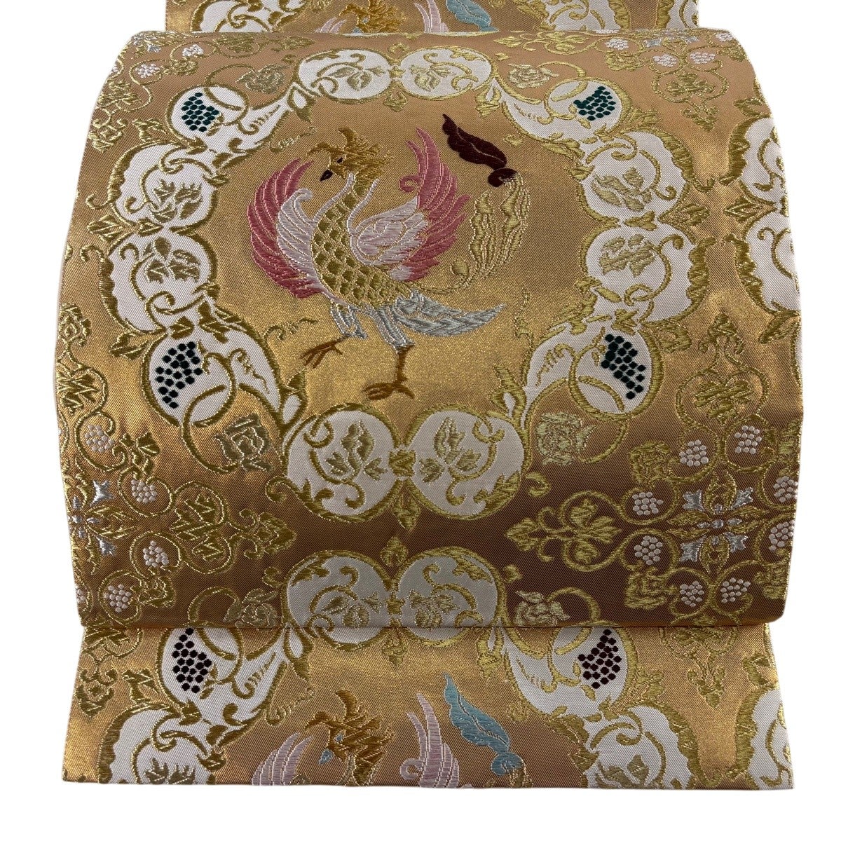 美品】 袋帯 逸品 落款あり 山口弘躬謹織 鳳凰 花唐草 箔 金銀糸 金色