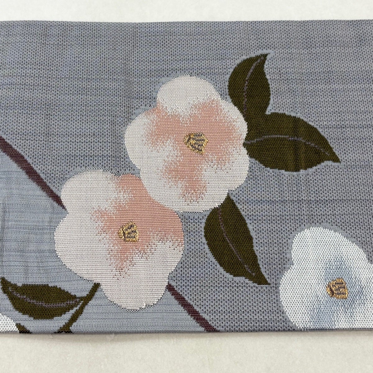 美品】 名古屋帯 優品 椿 幾何学 金糸 灰色 正絹｜中古・古着