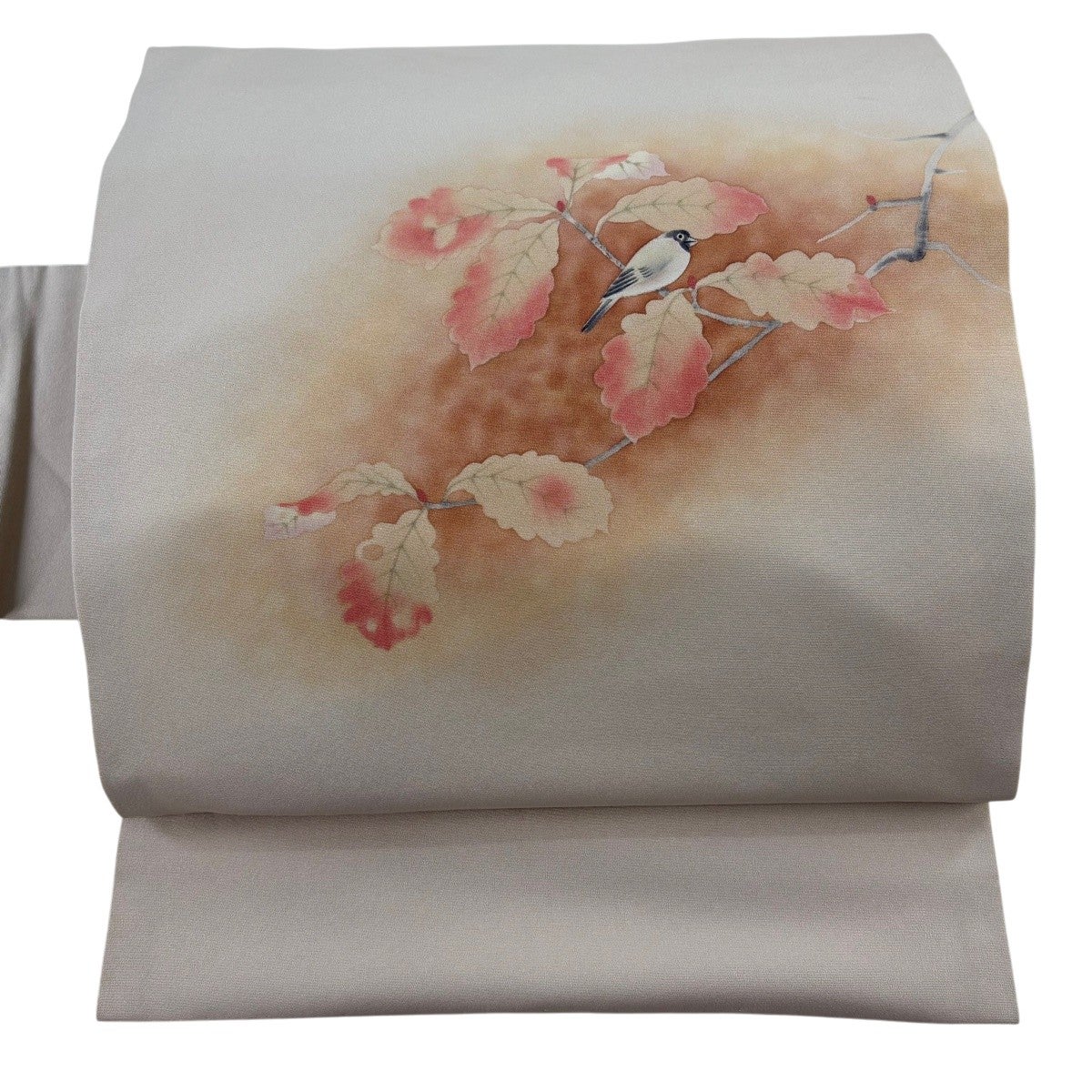 名古屋帯 優品 落款あり 枝葉 鳥 箔 ベージュ 正絹｜中古・古着