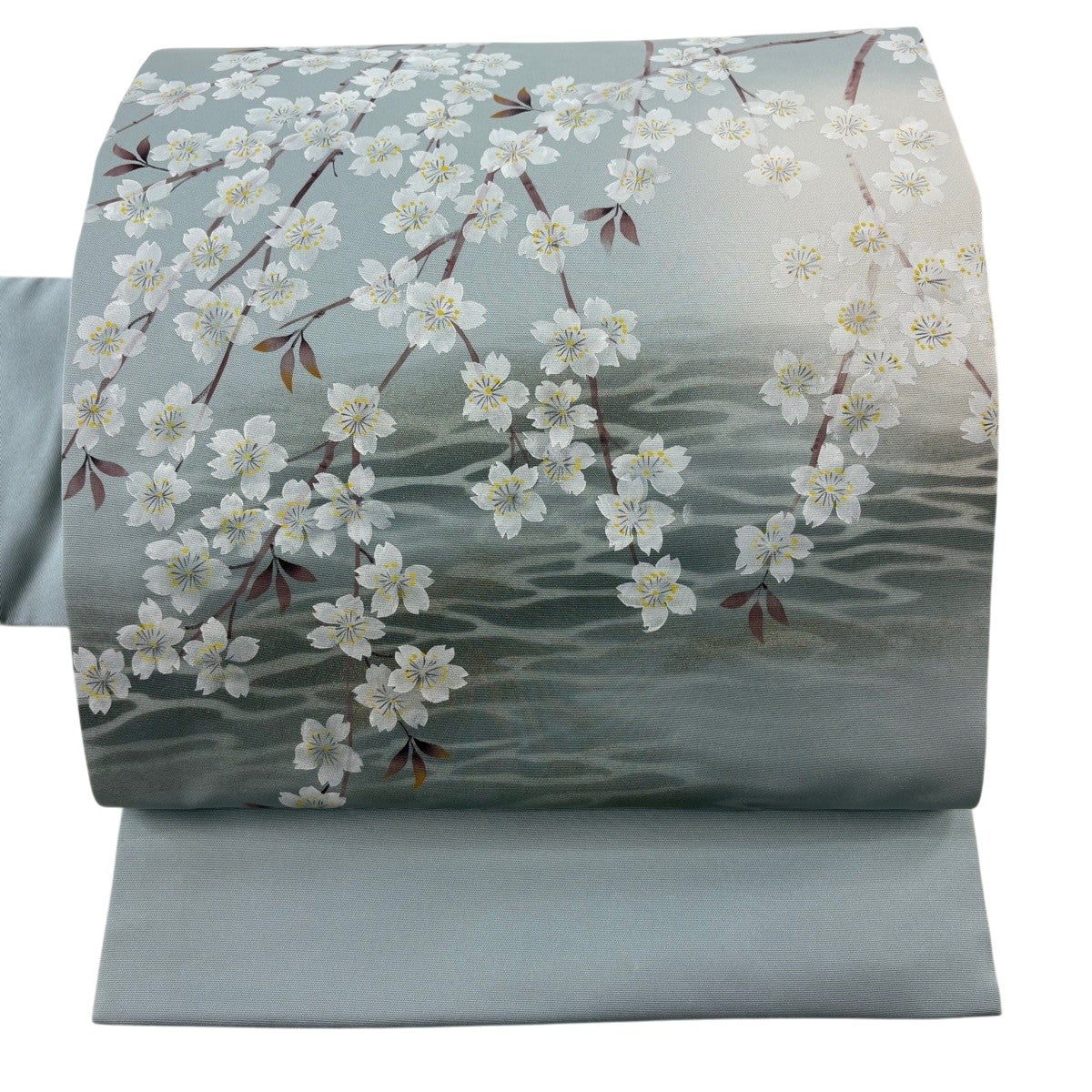 E 美品 桜に雪兎模様 銀通し 金彩 全通 正絹 カジュアルな名古屋帯 美品】 名古屋帯 優品 落款あり 枝垂れ桜 水面 金彩 ぼかし 青灰色