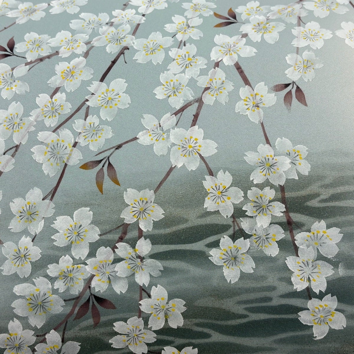 美品】 名古屋帯 優品 落款あり 枝垂れ桜 水面 金彩 ぼかし 青灰色