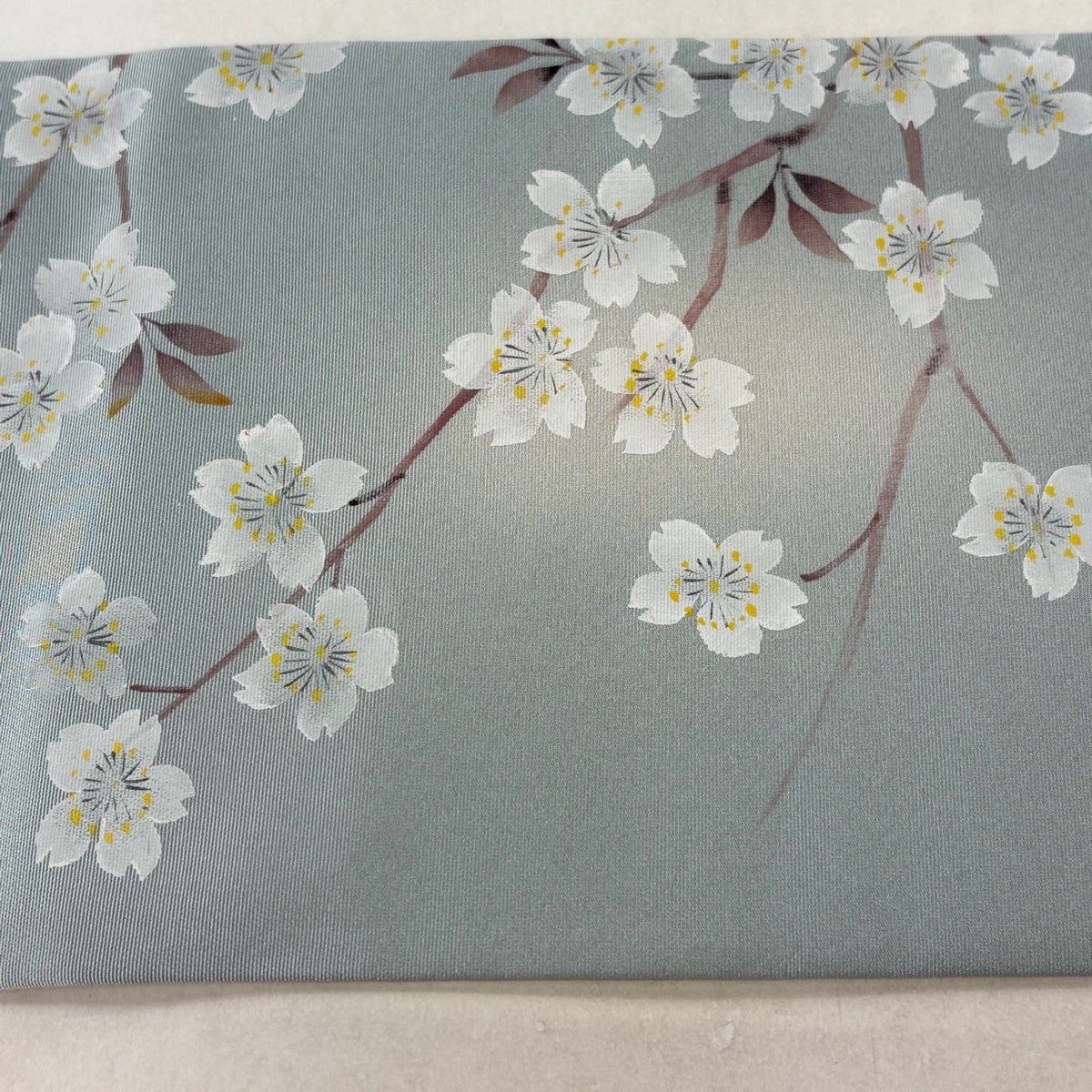 美品】 名古屋帯 優品 落款あり 枝垂れ桜 水面 金彩 ぼかし 青灰色