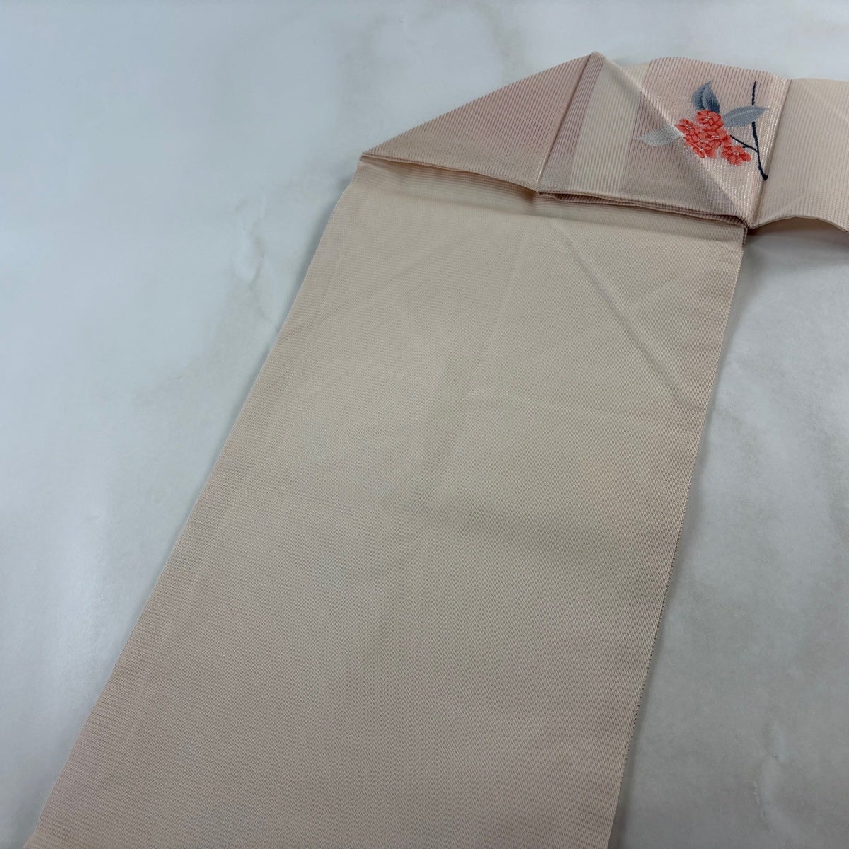 名古屋帯 優品 夏帯 絽 枝花 金銀彩 銀糸 ピンクベージュ 正絹｜中古