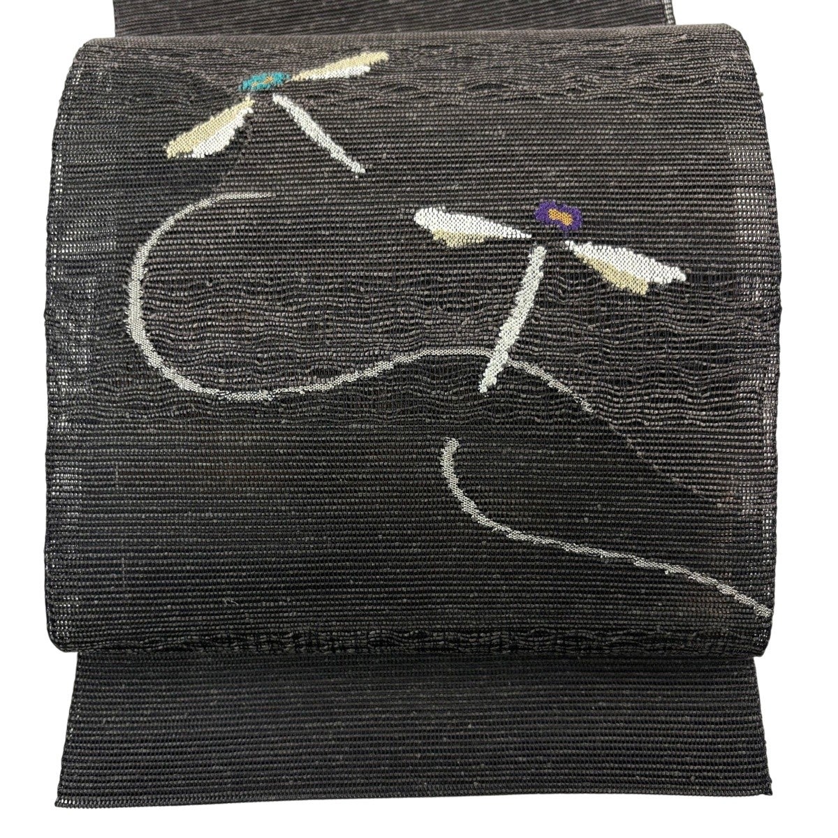 美品】 名古屋帯 名品 八寸名古屋帯 夏帯 トンボ 金銀糸 刺繍 灰茶