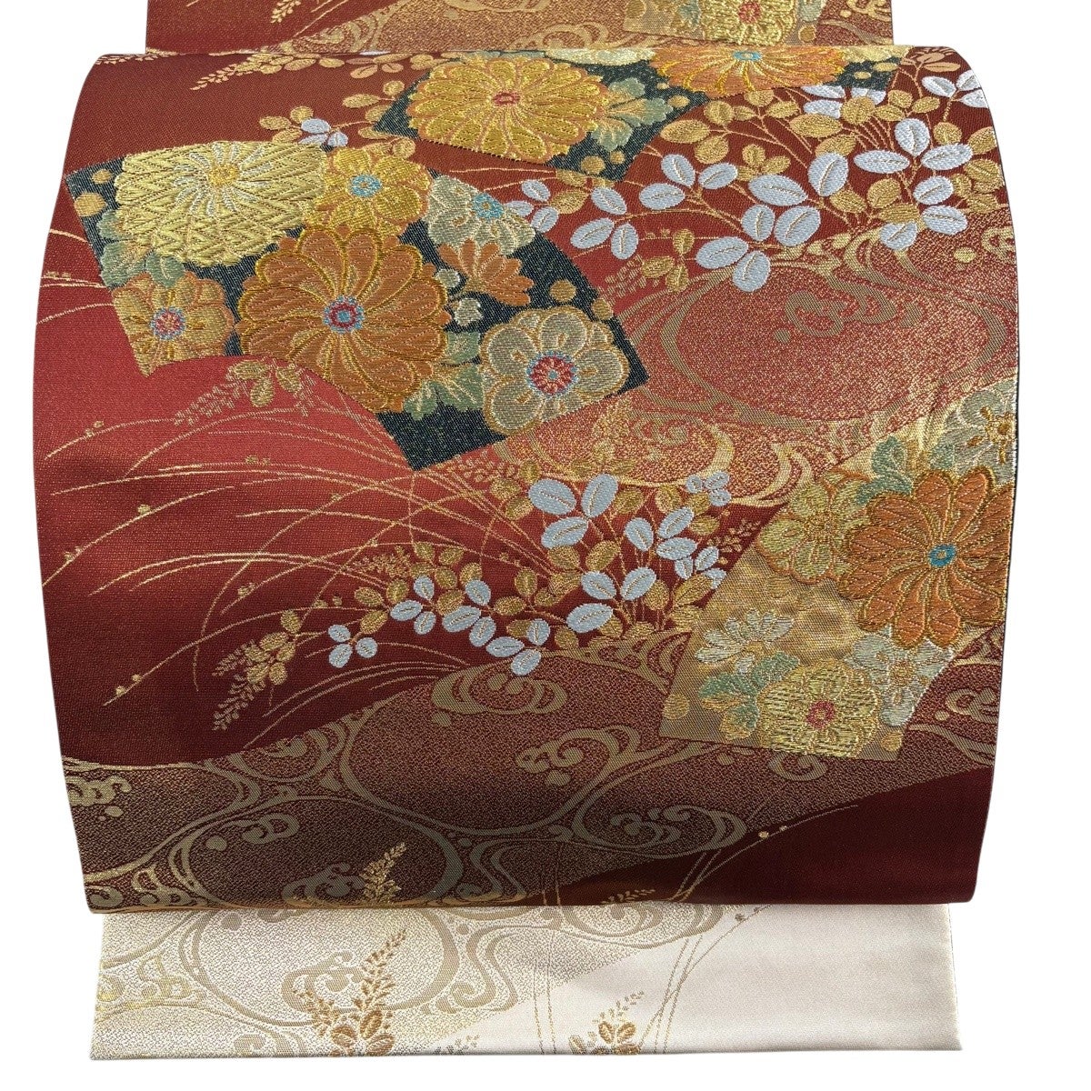 正絹 袋帯 太鼓柄 ます岩屋誂製 ムガシルク 濃淡 極上 逸品 美品 美品】 袋帯 名品 鳥 流水 金糸 箔 黒灰 お太鼓柄 正絹｜中古・古着