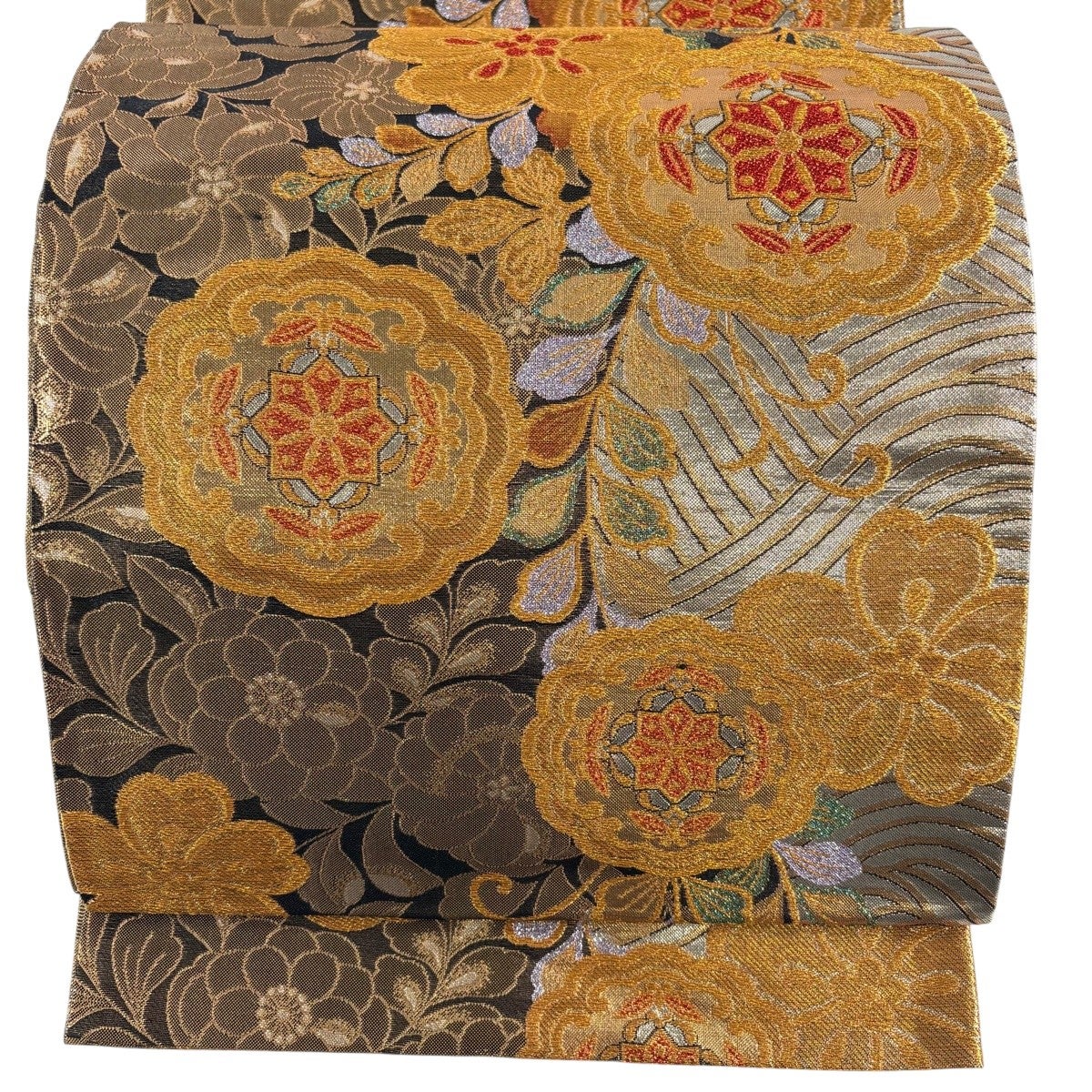 美品】 袋帯 名品 市松 花唐草 金糸 箔 焦茶色 六通 正絹｜中古・古着