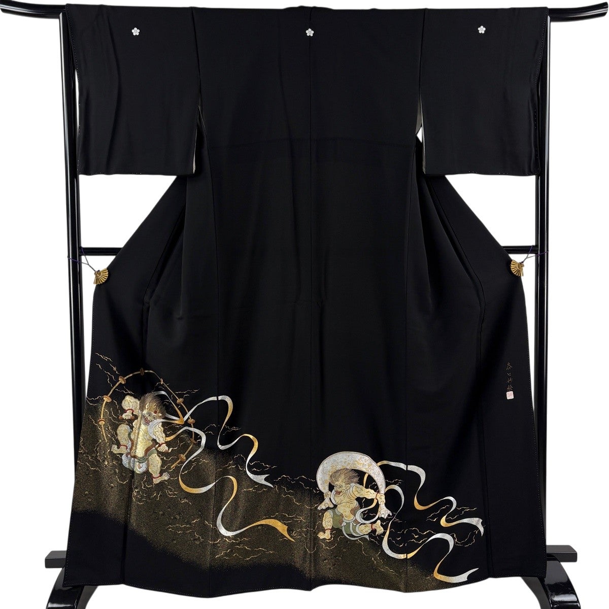 黒留袖 身丈162cm 裄丈66.5cm M 袷 鶴 花籠 金糸 金銀彩 黒 正絹 優品