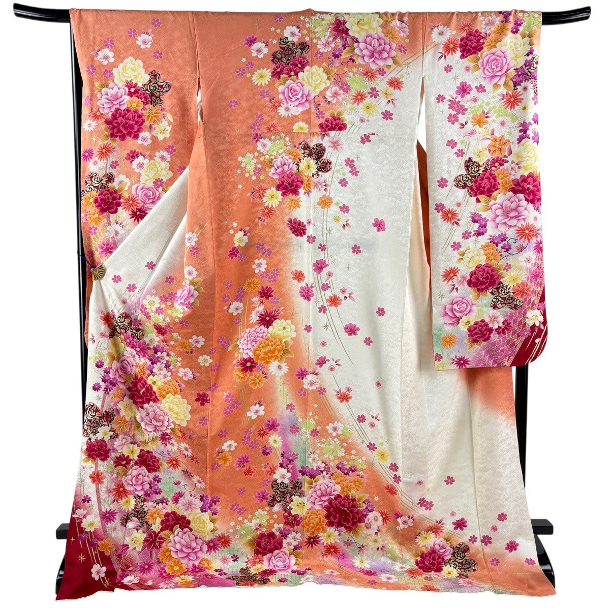 美品】 振袖 身丈178cm 裄丈68cm L 袷 草花 幾何学 ラメ 金彩 薄