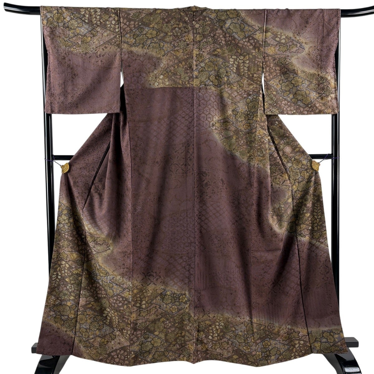 美品】 訪問着 身丈165cm 裄丈66.5cm M 袷 紬地 椿 草花 ぼかし 茶紫