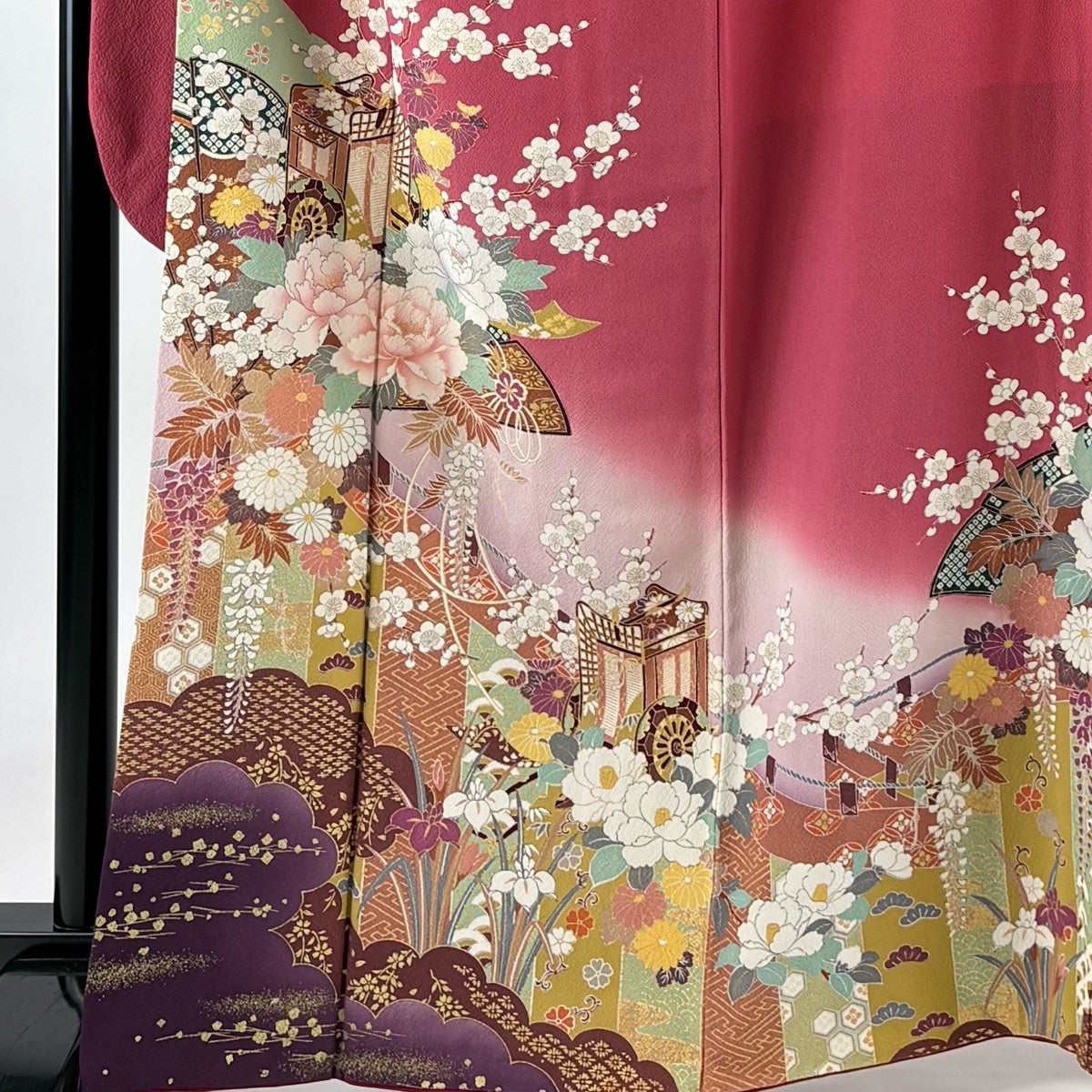 振袖 身丈163.5cm 裄丈67.5cm L 袷 御所車 牡丹 金彩 染め分け ピンク