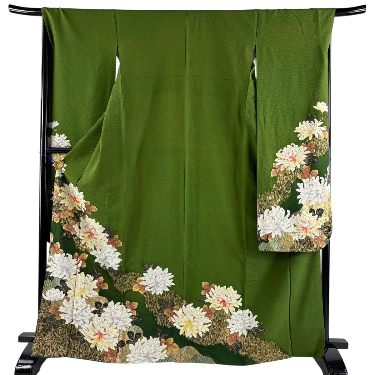振袖 身丈167cm 裄丈68cm L 袷 菊 入子菱 金彩 よもぎ色 正絹 秀品
