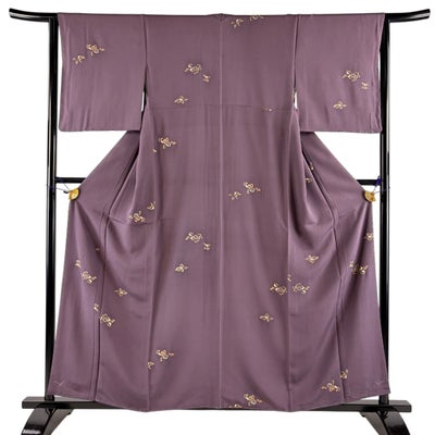 小紋 身丈158.5cm 裄丈63.5cm S 袷 草花 金彩 紫 正絹 秀品｜中古 