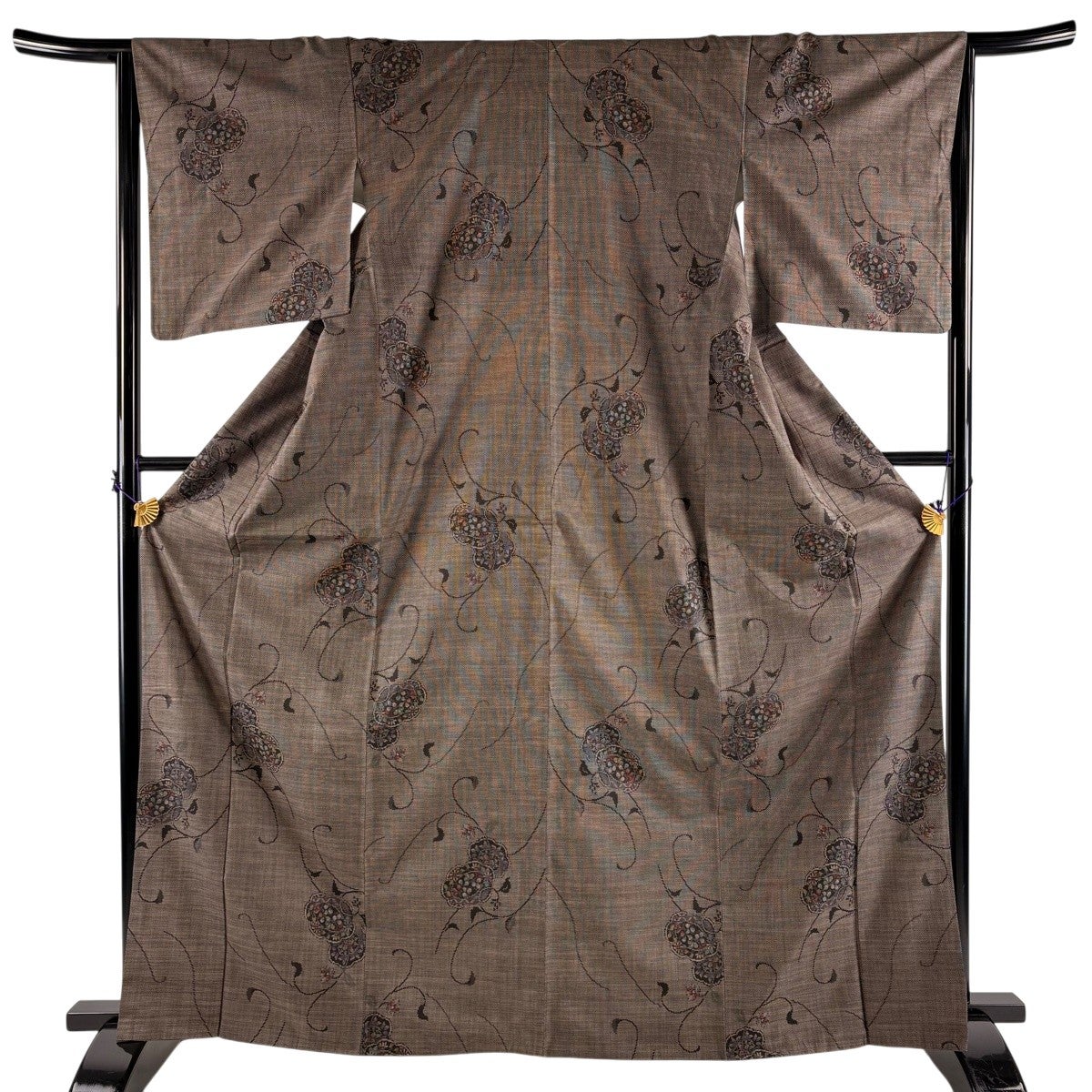 紬 身丈165cm 裄丈65cm M 袷 鏡裏文 花唐草 焦茶色 正絹 秀品｜中古